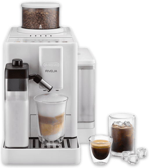 DE LONGHI Cafetera superautomática - De' Longhi Rivelia EXAM420.55.WXL, 1450 W, 15 bar, Molinillo integrado, LatteCremaHot, Depósito leche, Táctil, Arctic White