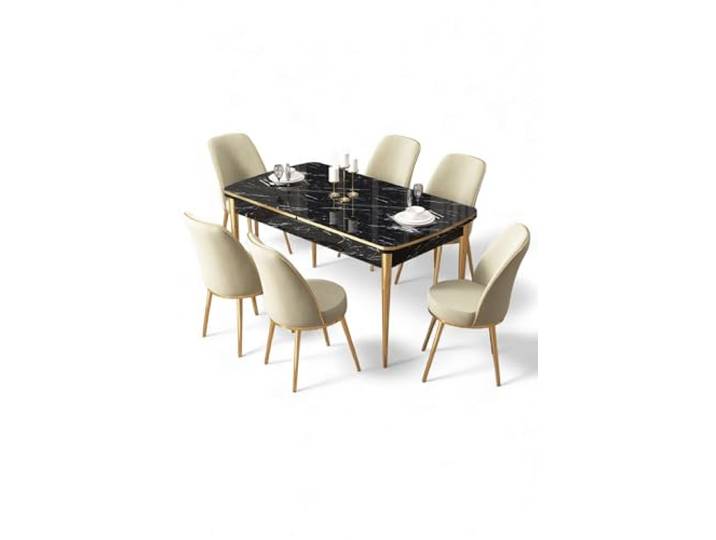Hanah Home Extendable Dining Table & Chairs Set (7 Pieces), Black Marble & Gold, 114-144 cm 100% MDF, Metal Legs, Design for Dining Rooms