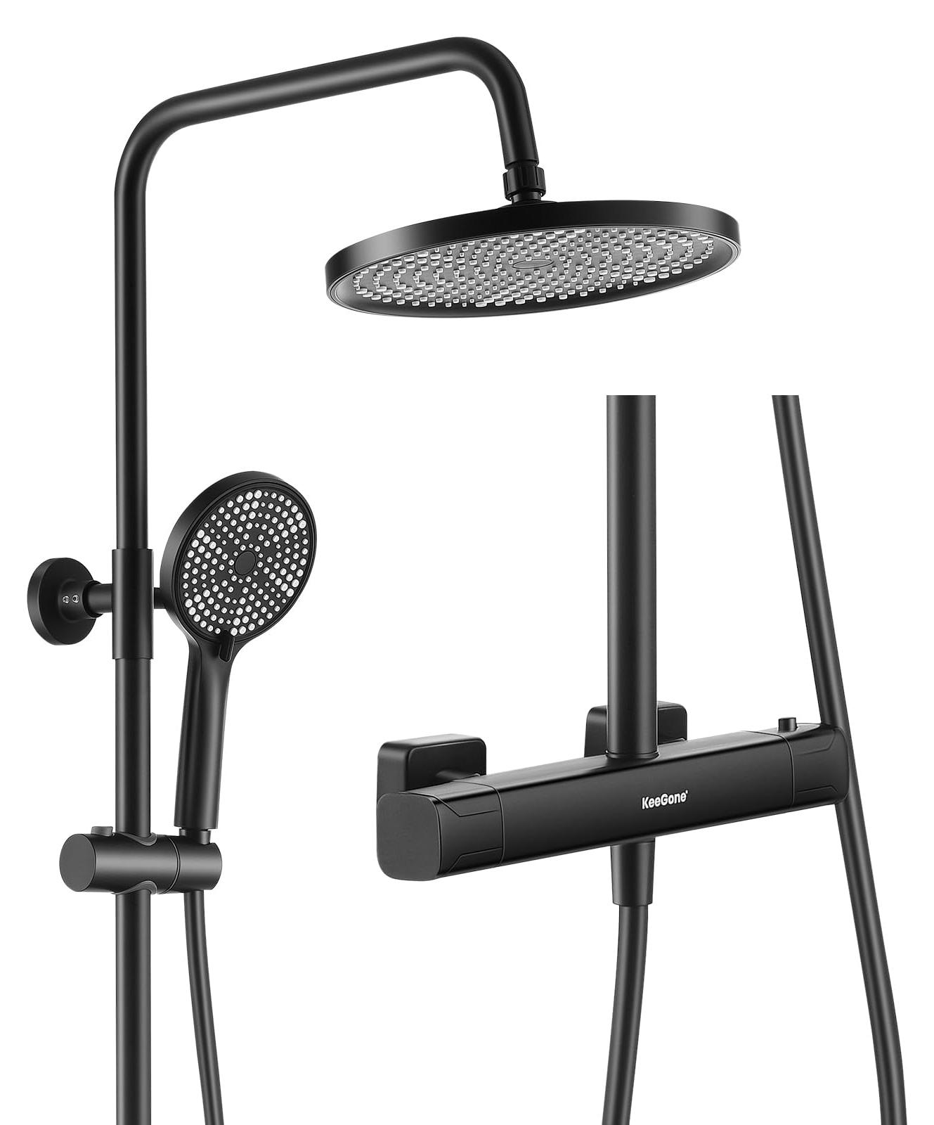 Thermostat-Douchesystem, 25 cm Regendusche, 3 Strahlarten, höhenverstellbar