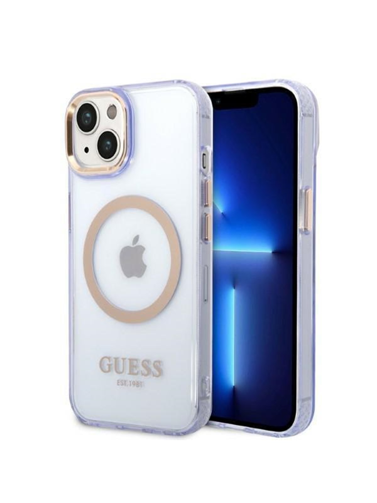 GUESS GUHMP14SHTCMU iPhone 14 6.1" purple/purple hard case Gold Outline Translucent MagSafe