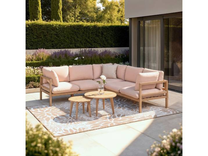 Loungegarnitur Livia beige- rose Outdoorstoff/Holz