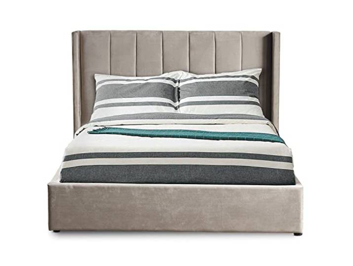 Menzzo Lit Double MAGORIAL 160x200 cm avec sommier relevable Coffre – Velours Taupe capitonné – Lit Adulte avec Rangement intégré – Style Chic Contemporain – Chambre parentale