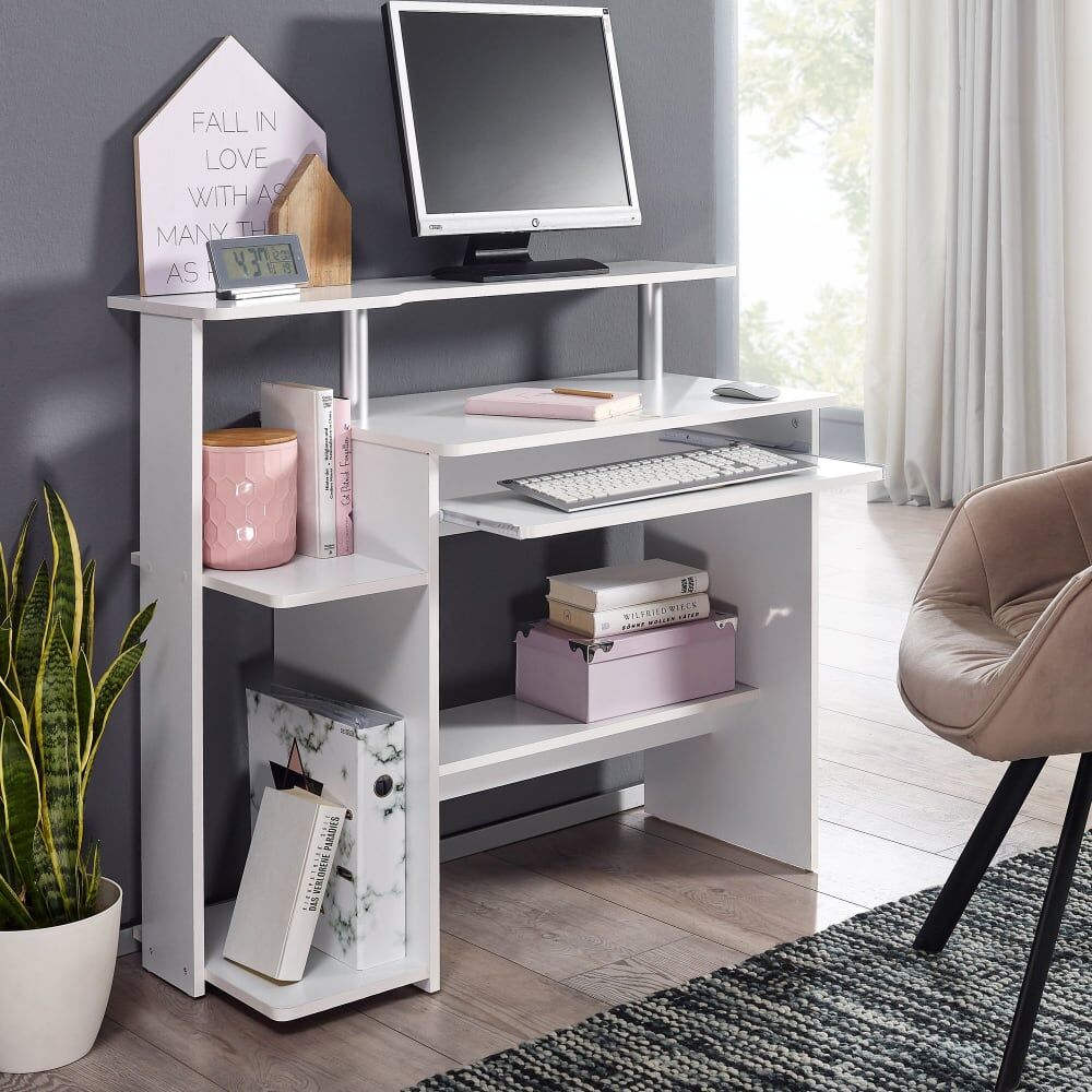 FineBuy Bureau avec tablette clavier en aggloméré, blanc Blanc 48x90x94cm