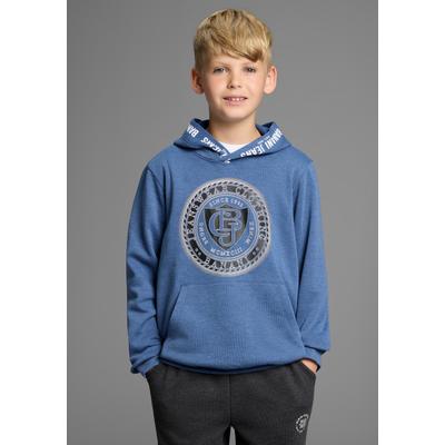 Kapuzensweatshirt BRUNO BANANI "Hoodie mit Logo-Drucken für Jungen", Jungen, Gr. 164/170, blau (blau meliert), angeraute Sweatware, Obermaterial: 60% Baumwolle, 40% Polyester. Kapuzenfutter: 100% Baumwolle, bedruckt, Basic hüftlang, Rippbündchen,...