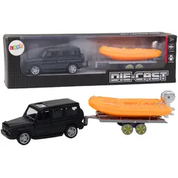Schwarzes Geländewagen mit Anhänger, oranges Boot