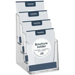 Europel, Prospektständer, Tisch-Prospekthalter, A5 hoch, 4 Fächer, glasklar für Format DIN A5, aus Polystyrol, Fachtiefe: 25 (A5)