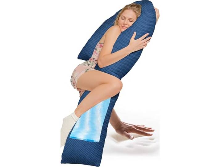 Traumreiter Seitenschläferkissen Visco XL J-Form langes Wendekissen mit Memory Foam Stütze [orthopädisch] Schwangerschaftskissen zum Schlafen Stillkissen Kissen Komfortkissen mit Bezug Blau Deluxe
