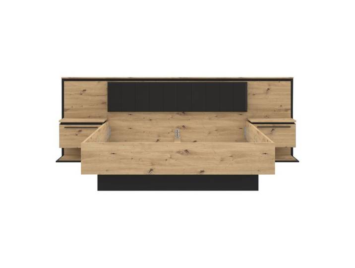 Lit 160x200 cm avec chevets suspendus IZO imitation chêne et noir