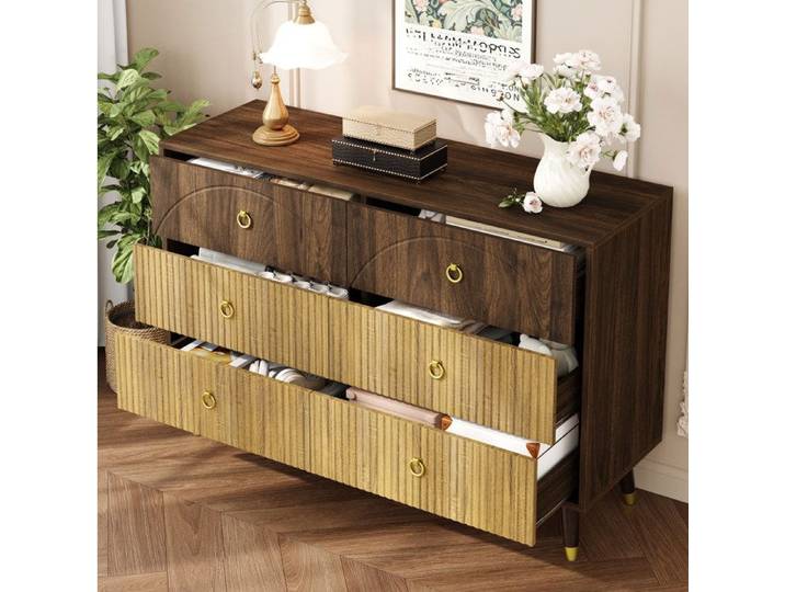 Buffet bas vintage 6 tiroirs effet bois bicolore 120 x 40 x 81 cm MDF naturel et marron