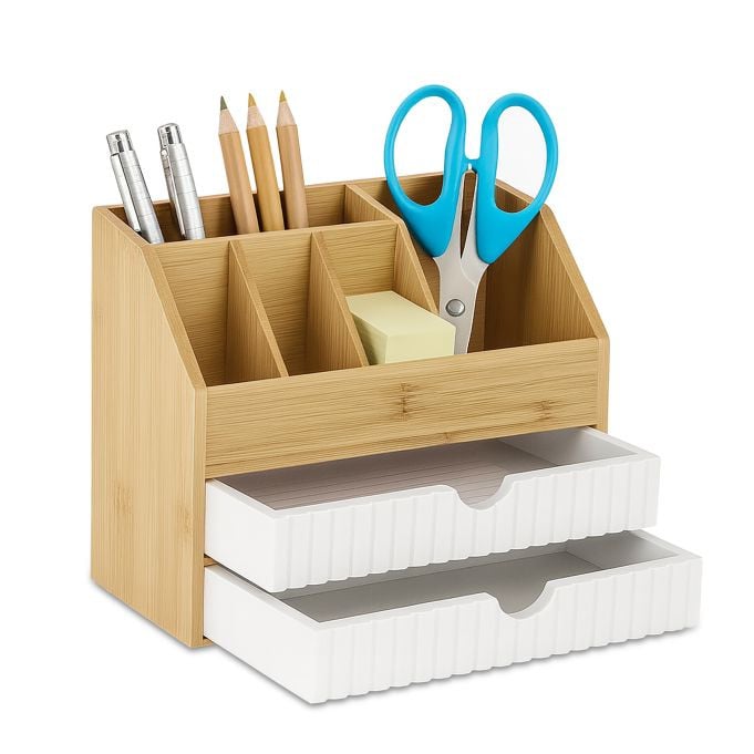 Relaxdays Bureau organizer met lades en vakken, bamboe en hout, wit