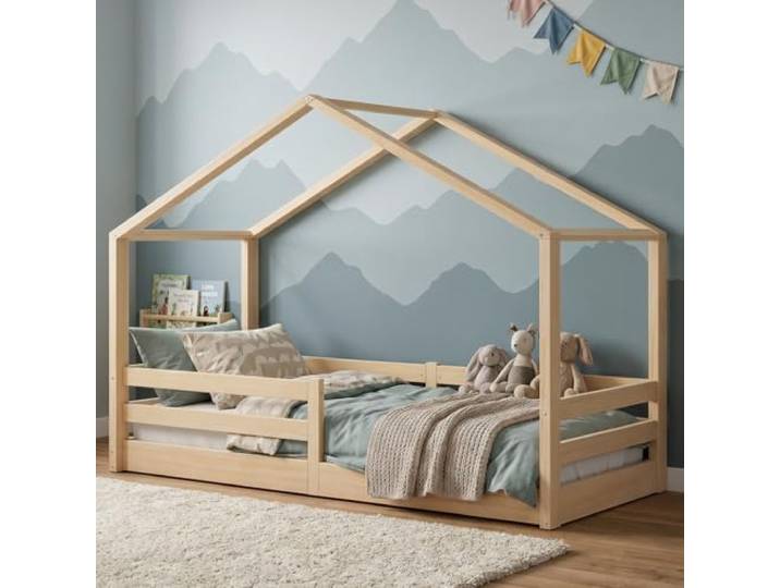 Bellabino Abia Hausbett Bodenbett 90x200 cm, Natur, aus Kiefer Massivholz Montessori Kinderbett mit Rausfallschutz & Lattenrost, für Jungen & Mädchen, Holzbett, Kinderbettgestell, Kinderzimmermöbel