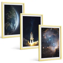 BILDER SET 3er Set - 40x60 cm Goldrahmen - Weltraum Erde Rakete Galaxie