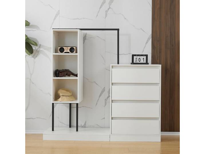 Ensemble Armoire de Chambre Porte-vêtements 4 Tiroirs 3 Compartiments Ouverts Blanc 140x40x135cm