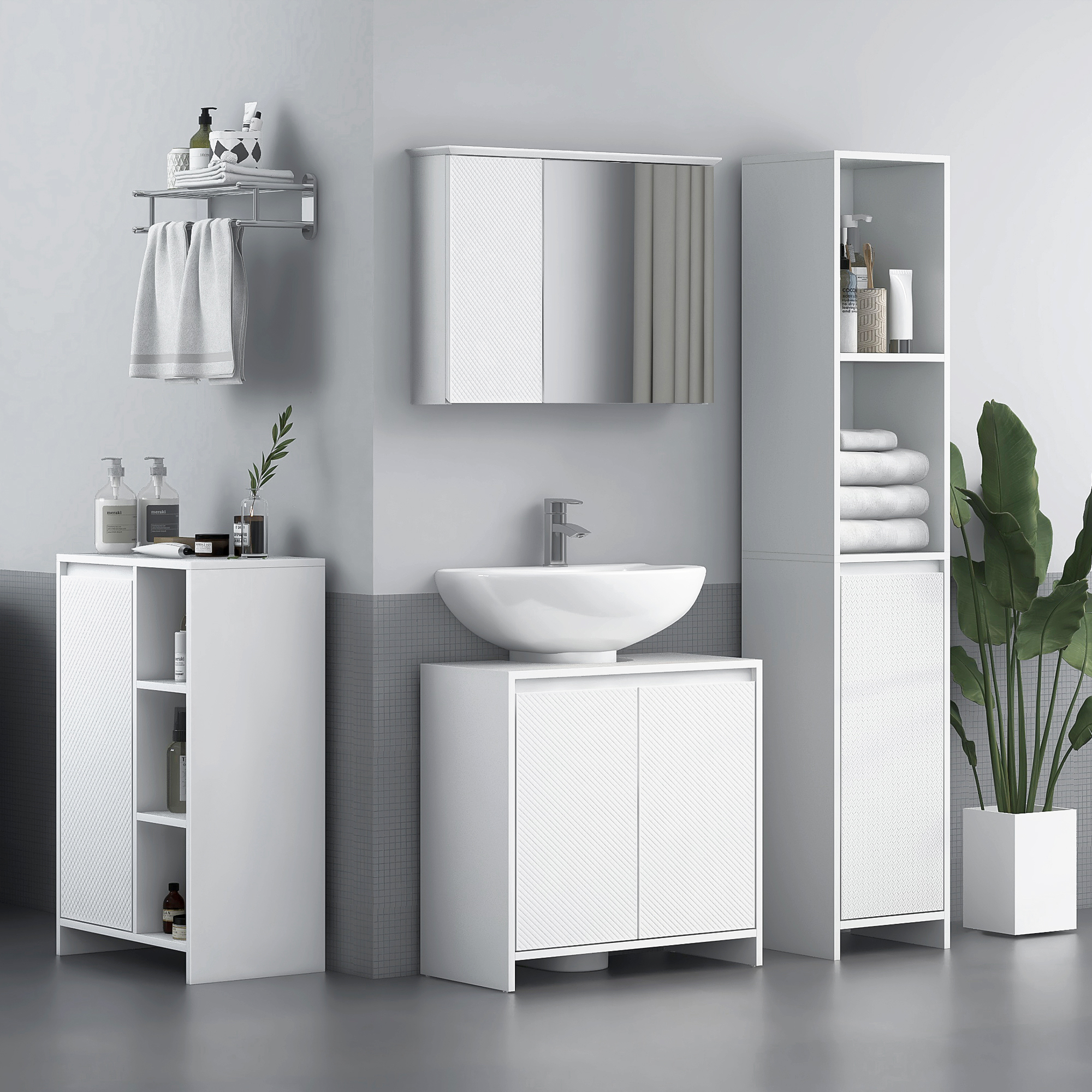 Homcom Mobiletto Bagno con 3 Ripiani Aperti e Armadietto a un'Anta con Mensola Regolabile, 53x30x80cm, Bianco