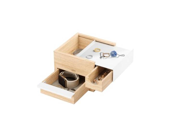 Umbra Stowit Mini Design Schmuckkasten – moderne Schmuck Box mit Geheimfächern für Ringe, Armbänder, Uhren, Halsketten, Ohrringe und Accessoires, Holz/Metall, Weiß/Natur