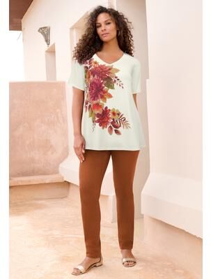 Plus Size Women's Plus Size Ultimate Short Sleeve Swing Tee by Roaman's in Ivory Floral Bouquet (Size 26/28)
