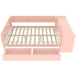 MODFU Flachbett aus Kiefernholz und Spanplatte, Rosa, 140x200 cm, mit Schreibtisch und Schubladen