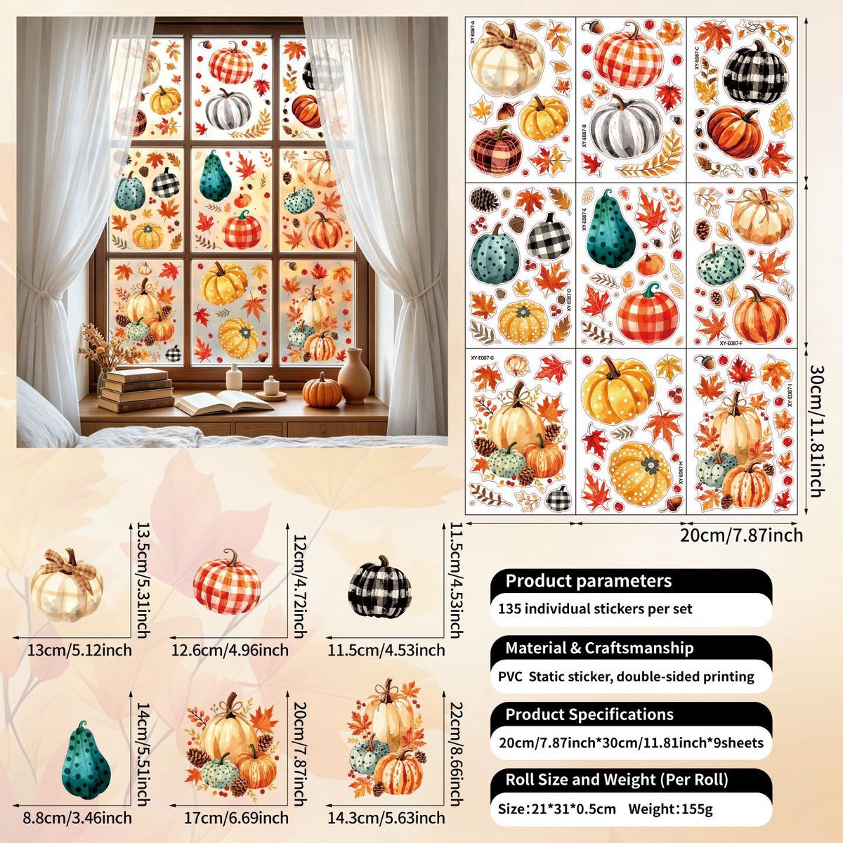 Herfst Statische Raamstickers Set van 9 Vellen met Pompoen en Herfstbladeren voor Raamdecoratie