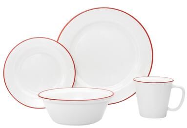 Godinger Bistro Red Rim Porcelain 16 Piece Dinnerware Set, Service For 4