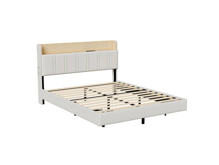 Shopentra Polsterbett 140x190 cm Weiß PU LED Ladestation, Metall, 140x190 cm, Schlafzimmer, Betten, Polsterbetten