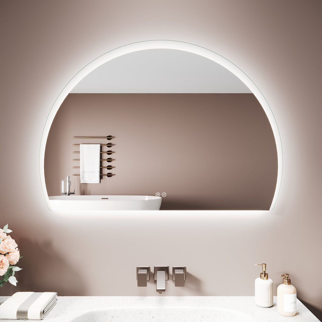 Ivy Bronx Half Circle LED Bathroom Mirror, Anti-Fog 3 Color Dimmable Touch Wall Vanity Mirror Mirrored Interior 70*50cm,Semicircular Bathroom Mirror