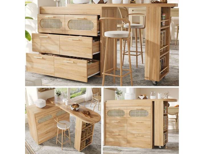 Meuble Bar de Cuisine - Pivotant 360° - avec 6 Tiroirs Façades Cannage Table Haute et Rangements