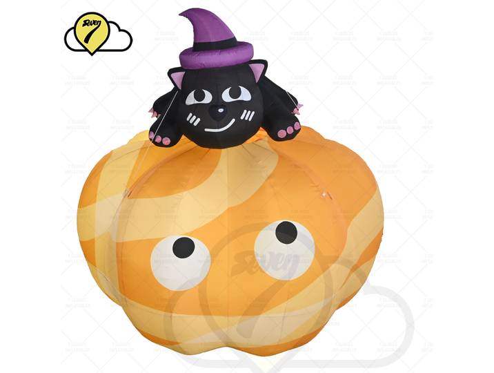 20FT Gaint Halloween gonflable chat noir assis sur ballon citrouille avec ventilateur LED pour événement Halloween jour des morts décoration