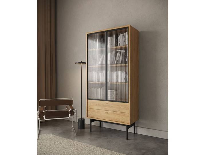 Vitrine haute - OLAR - 85cm - avec deux tiroirs - couleur du bois de caryer