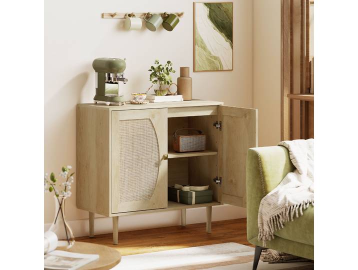 HOMCOM Buffet Cuisine Cannage 2 Niveaux Effet Bois 80x38x79 cm
