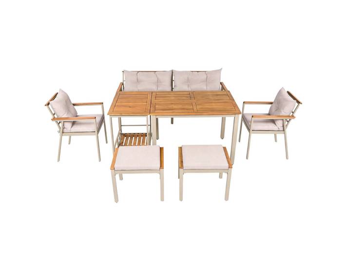 Modfu Gartenset aus Akazienholz Beige/Natur mit Servierwagen, wasserabweisenden Kissen und Rollen, Metall, Gartenmöbel, Gartengarnituren, Gartenmöbel-Sets