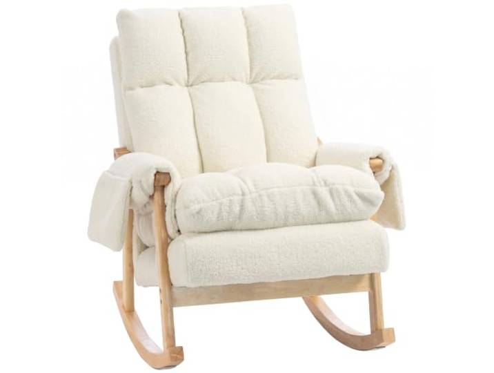 HOMCOM Schaukelstuhl Schaukelsessel mit Holzbeine, Schneeflanell Optik Schwingsessel, für Wohnzimmer, Schlafzimmer, Cemeweiß