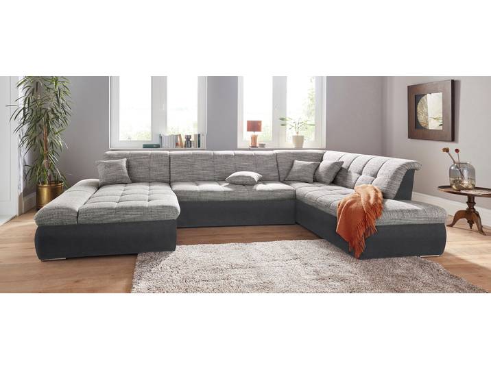 Wohnlandschaft DOMO COLLECTION PB MORIC wahlweise mit Bettfunktion und Armteilverstellung U-Form , schwarz (schwarz, weiß, grau, grau), B:353cm H:80cm T:95cm, Zierkissen: Struktur (90% Polyester, 10% Polyacryl);Microfaser PRIMABELLE (100% Polyester) / Struktur (90% Polyester, 10% Polyacryl);Kunstleder SOFTLUX / Struktur (90% Polyester, 10% Polyacryl), Sofas, Wohnlandschaft, XXL-Format B/T/H: 353/216/80 cm, feine Steppung, incl. Zierkissen