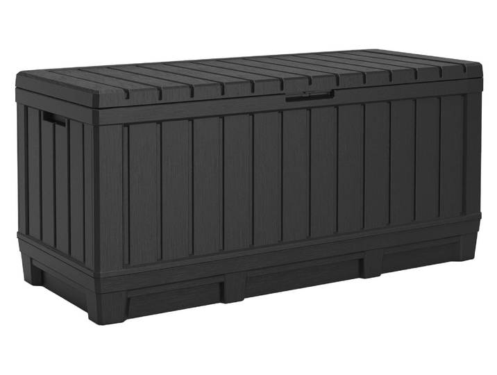 Grand bac de jardinage en plastique gris foncé pour ranger les outils de jardinage\, le matériel de sport ou les coussins\, qui peut également être comme banc.