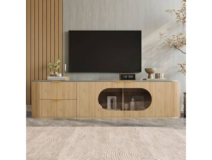 Meuble TV - SOGEU - Vitrine ovale - Verre gris - Portes 3D verticales - Aspect bois