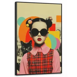 LEINWAND Bilder mit Rahmen - Mädchen - Sonnenbrille - Katze - Retro - 80x120