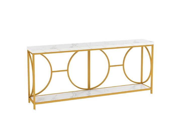 COSTWAY Konsolentisch, schmal Marmor, mit geometrischem Metallrahmen, gold