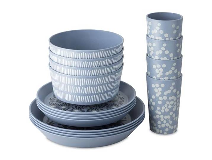 Koziol BLOMSTER SET Geschirrset 16 Teile, florales Dekor, bruchfest, stapelbar biozirkulärer Kunststoff, spülmaschinengeeignet, melaminfrei Camping, Picknick, Party (nature flower blue)