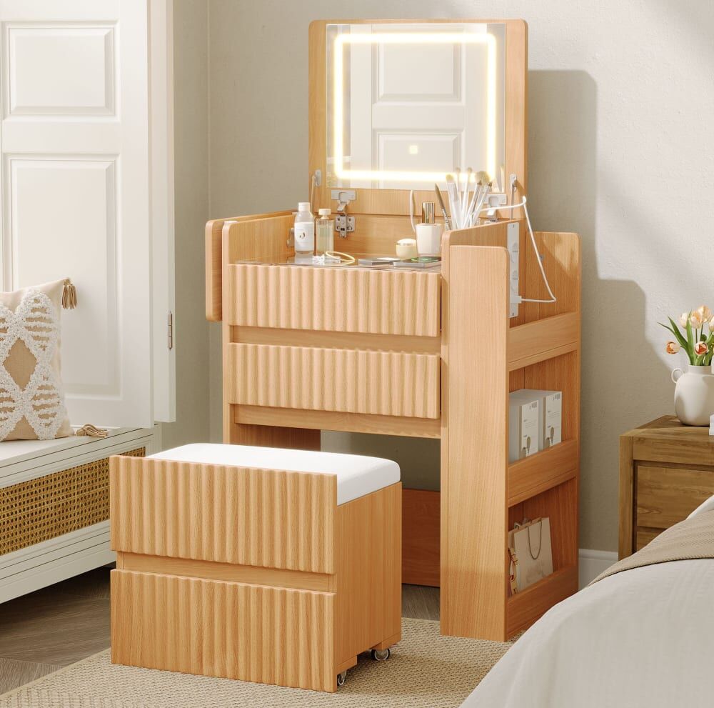 Hauss Spole Coiffeuse avec miroir led, prises et tabouret à roulettes Marron 79x120x40cm