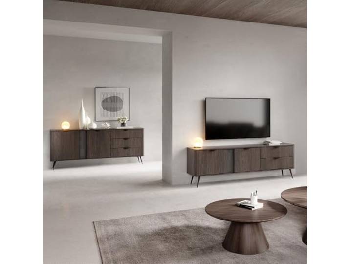 Lomadox Wohnzimmer Set in Eiche mit schwarzem Rillendesign, inkl. Sideboard & Lowboard