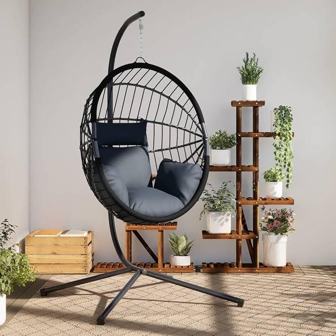 Hängesessel Ei-Design mit Ständer Anthrazit Rattan und Stahl,Hollywoodschaukeln,4007405
