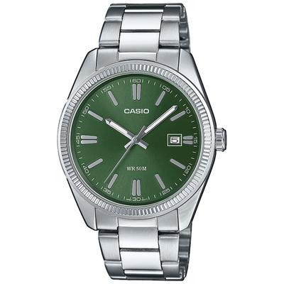 Quarzuhr, silber (silberfarben, dunkelgrün), CASIO TIMELESS COLLECTION, Armbanduhren, Damen, Quarzuhr, Armbanduhr, Herrenuhr, Damenuhr, Datum, Neo-Display, Edelstahlarmband
