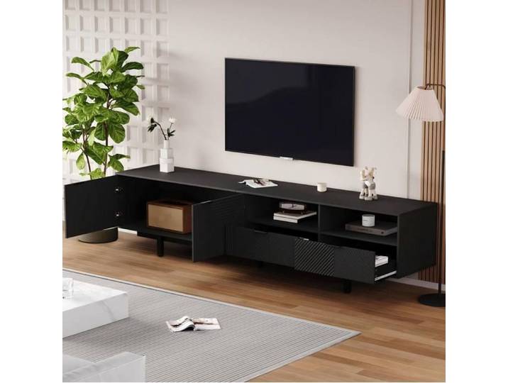 Meuble TV noir bohème minimaliste – motif géométrique – 200 cm – pour TV jusqu'à 90 pouces