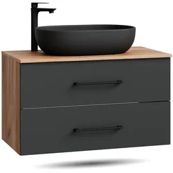 Planetmöbel LUX Waschtischunterschrank 90 cm mit Keramik Aufsatzwaschbecken 60 cm Schwarz