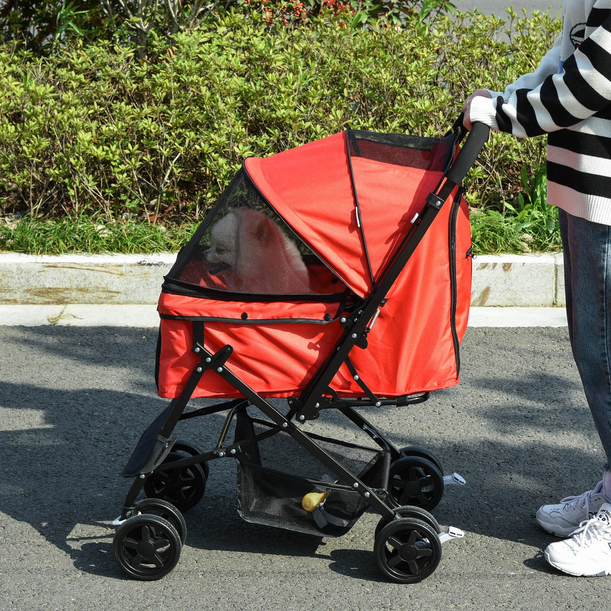 Pawhut Passeggino Pieghevole con Maniglione Girevole e Ruote con Freni per Cani Piccoli, 76.5x52x95cm, Rosso   Aosom Italy