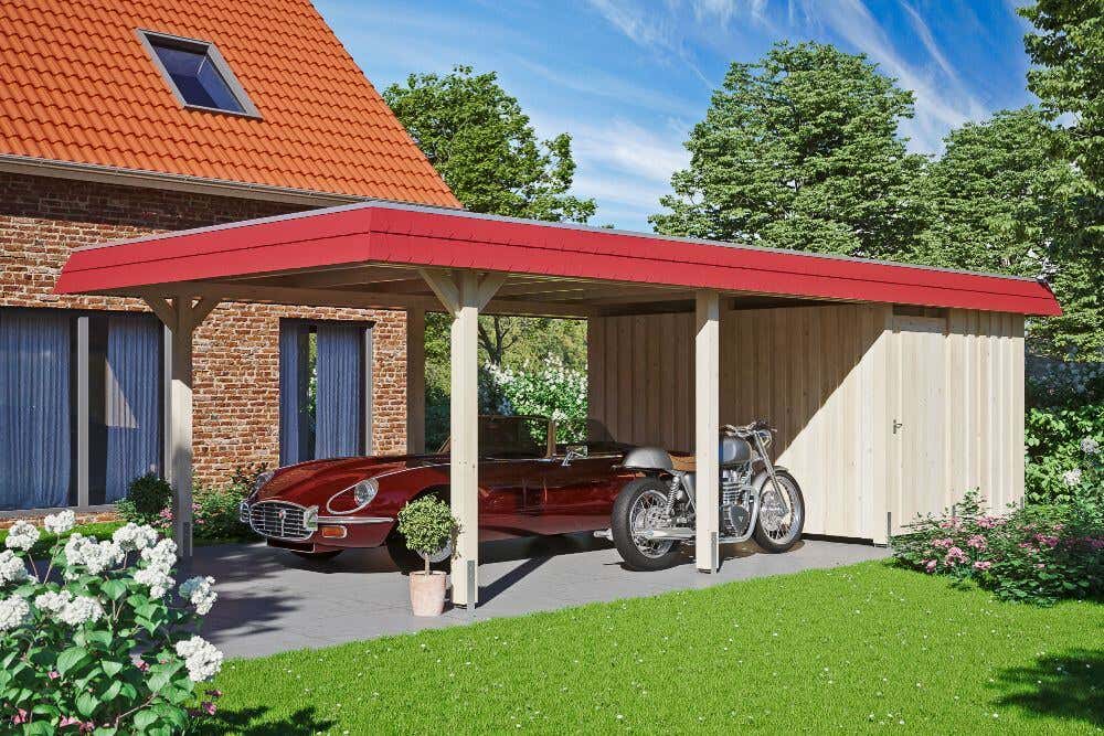 Einzelcarport SKAN HOLZ Wendland schwarze Blende inkl. Abstellraum, Pfostenanker 409 x 870 cm natur