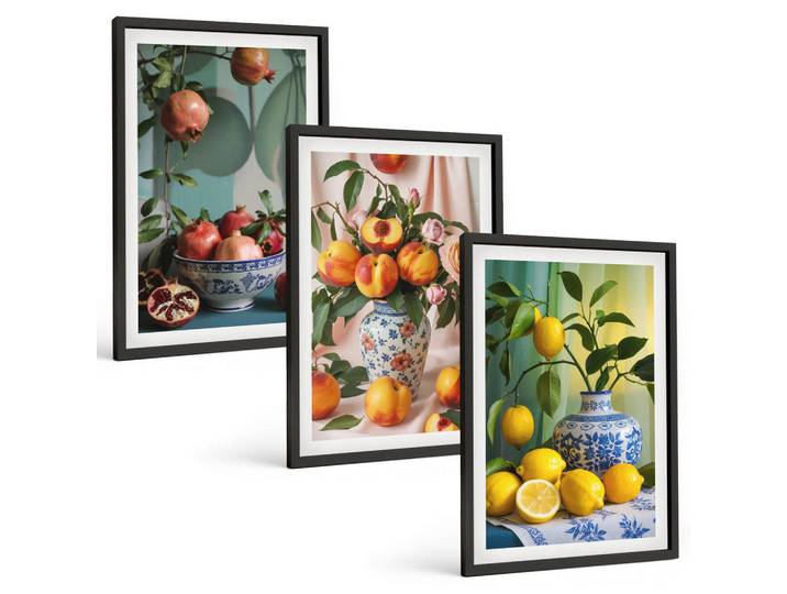 Tulup Bilder SET 3er Set - 40x60 cm Schwarzer Rahmen - Granatäpfel, Pfirsiche, Zitronen, Kunststoff, Rechteckig, 40x60 cm, gerahmt, Bilder & Rahmen, Bilder