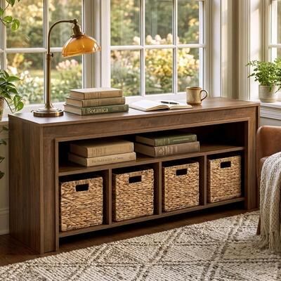 BLUEBELL "63"" Bookcase with 4 Woven Baskets, Wooden Horizontal Bookshelf/ Cube Storage Cabinet - 63"" W x 13.78"" D x 25.59"" H"
