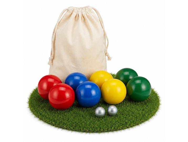 Relaxdays Boulekugeln Bunt 8er-Set Holz mit Tasche 6,5 cm, Mehrfarbig, Holz, Textil, 24x1 cm, Spielzeug