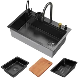 ML-Design Spülbecken Edelstahl 75 × 46 cm Anthrazit – Rechteckige Einbauspüle mit Wasserfall-Design, ausziehbarem Wasserhahn & Zubehör