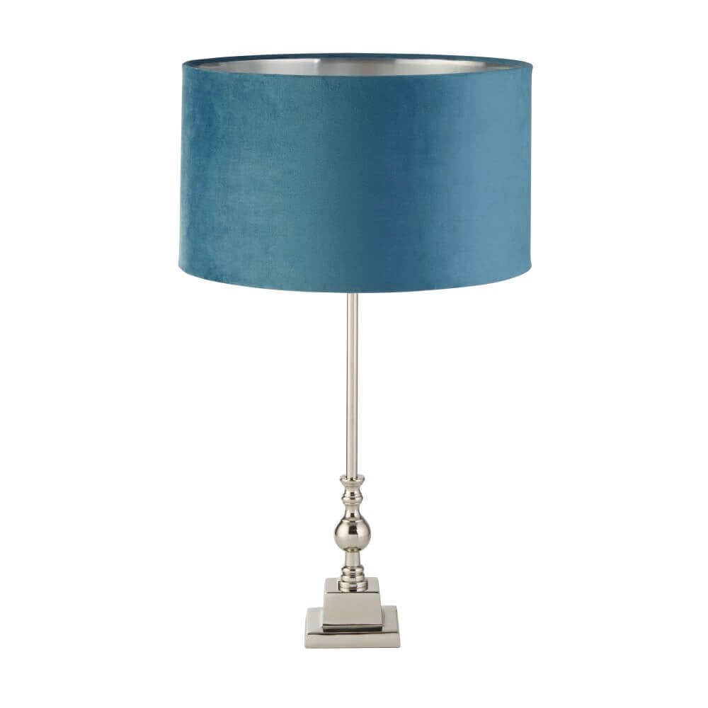 Searchlight Whitby Tafellamp met blauwe stoffen kap en chroom afwerking